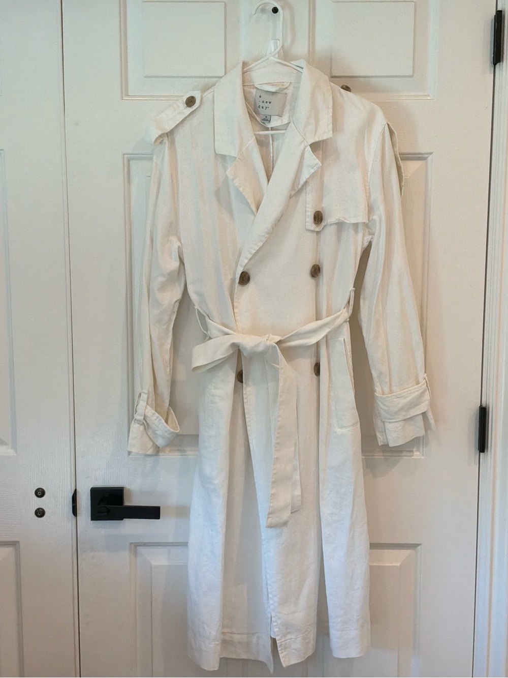 a new day White Double-Breasted Trench Coat with Belt
